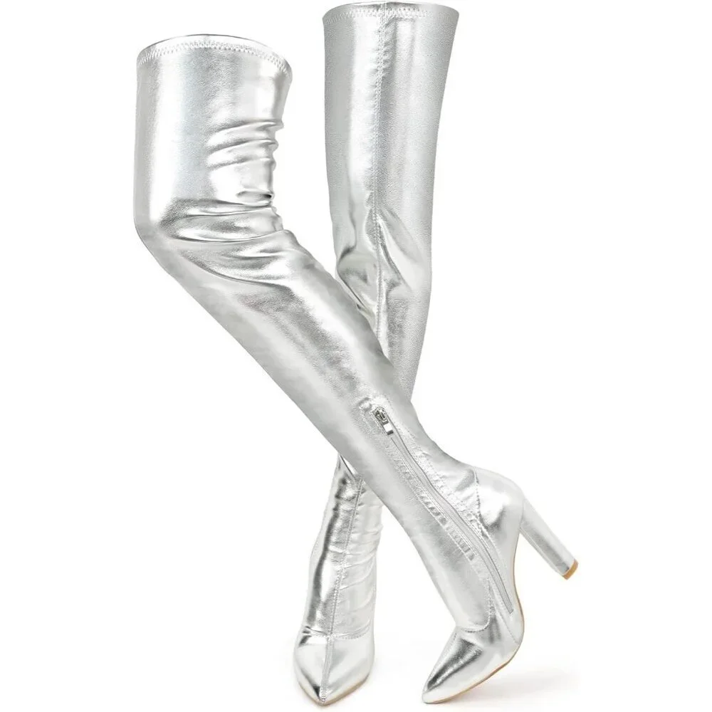 Women Silver Chunky Heel Over The Knee Patent Leather PU Stretchy Tall Boot